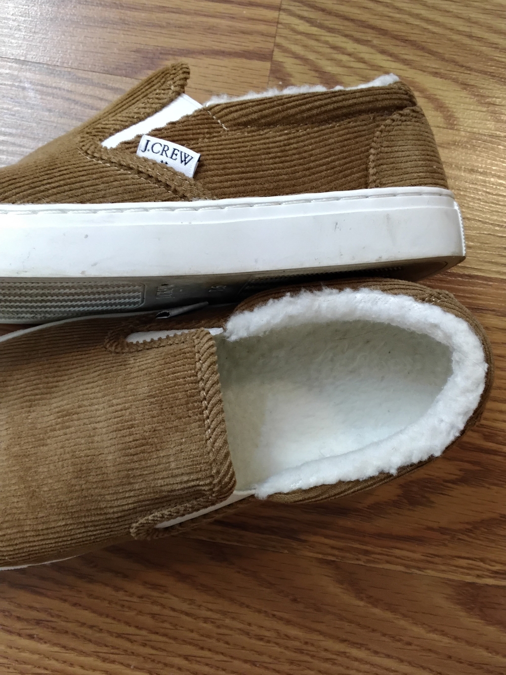 J.Crew Corduroy Slip-On Sneakers in Camel with Sherpa Lining